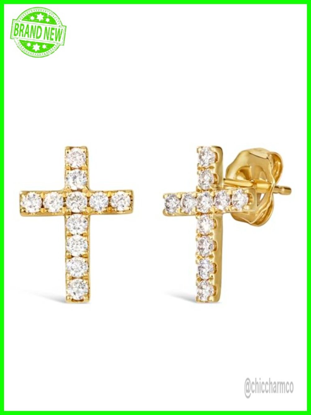 14k Yellow Gold Diamond Cross Stud Earrings for Women